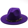 Detail view of purple fedora hat with leopard print band and golden metal buckle - M (56-58cm) / Purple