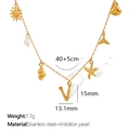 Gold plated stainless steel necklace featuring nautical shell pendants and letter V charm - Letter V (XL206)