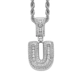 Detail of silver letter U pendant with pavé baguette cubic zirconia on a rope chain - Letter U Silver + 60cm Rope Chain