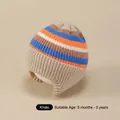 Cute striped dinosaur knit hat for toddlers, multicolored earflaps in khaki and blue - One Size / Rainbow Hat / Khaki
