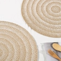 Set of two round jute placemats with white dotted concentric patterns and fringe - 38cm / White Polka Dot