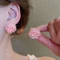 Detail view of pink crystal beaded ball earrings on model with sweet floral aesthetic - 6# Pink Spherical Crystal Cluster (WE2593)
