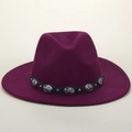 Detail of burgundy wool fedora with black leather band and silver metallic ornaments - M (56-58cm) / Rivet Cross Flower Belt Style / Burgundy