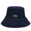 Navy blue seersucker sun hat with minimalist white embroidery for women - Blue