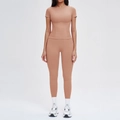 Ensemble de sport sans couture avec t-shirt court et legging taille haute beige clair - S / Haut Et Bas / Manches Courtes + Leggings / Rose Rétro
