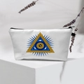 Detail of white canvas toiletry bag with golden All-Seeing Eye print and zipper - White Gold Blue Eye