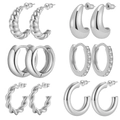 Set of 6 pairs of silver geometric earrings featuring twist hoops and stud designs - Silver
