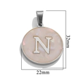 Silver stainless steel 22mm round pendant with shell inlay and letter N charm - Steel N