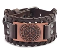 Dark brown leather Viking compass bracelet with bronze Vegvisir charm and woven edges - PU Brown Leather + Antique Red