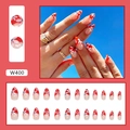 Red French almond press-on nails with white flower patterns 24-piece full set - Red Floral Style (Glue Included)