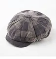 Detailed view of grey and khaki plaid corduroy newsboy cap with textured fabric - M (56-58cm) / Gray