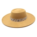 Detail of camel wool felt fedora featuring a vintage geometric woven ribbon hatband - M (56-58cm) / Camel