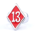 Detailed view of punk style 13 lucky number ring with red enamel and dragon claw design - US 8