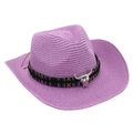 Detail of purple straw cowboy hat featuring ethnic band and silver bull skull ornament - Light Purple