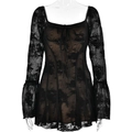 Elegant black lace long sleeve mini dress with flare sleeves and ruffled hem on white background - S / Black