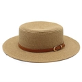 Classic flat top boater straw hat with wide brim and brown leather decorative buckle strap - M (56-58cm) / Khaki