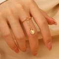 Golden open ring featuring a hollow heart design and shell charm with chain link - Shell Style (N-722)