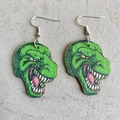 Quirky green dinosaur printed wooden dangle earrings with silver hooks for women - Green Dinosaur