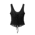Close-up of black lace mesh top featuring front lace-up ties and pleated ruffle details - S / Black