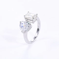 Verstelbare S925 zilveren ring met hart en rechthoekig geslepen moissanite stenen - HK Maat 9-11 / Wit + Wit