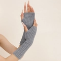 Grey knitted fingerless sleeves with ribbed texture and thumb hole for daily warmth - Gray