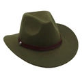Close-up of olive green felt hat featuring a deep red leather band and vintage silver buckle - One Size / Army Green