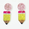 Sparkly pink and yellow glitter pencil earrings in high-quality acrylic for school - Glitter Pencil Dangle