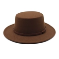 Chapeau boater en laine marron à bord plat pour femme avec ruban tressé élégant - M (56-58cm) / Café