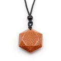 Hexagonal faceted goldstone crystal pendant with hexagram detail on black braided cord - Goldstone (Synthetic)