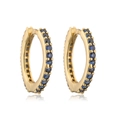 Detailed close-up of golden hoop earrings featuring blue sapphire pavé setting on white - Gold Plated Blue Zirconia