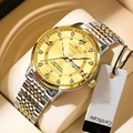 Men's luminous waterproof steel watch with gold dial and calendar display in luxury box - Gold Steel Strap Gold Dial