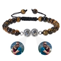 Bracelet de projection en œil de tigre personnalisé avec deux cercles photo et cordon réglable - Œil de tigre