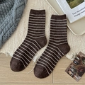 Deep brown wool mid-calf socks with white horizontal stripes for cozy winter warmth - One Size / Dark Coffee
