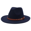 Detail of dark blue wool felt fedora with brown faux leather belt and gold studs - M(56-58cm) / Navy Blue (3 Rivets)