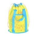 Yellow mesh beach toy storage bag with blue drawstring and handles for outdoor use - Handheld Beach Bag Yellow with Lake Blue Strap