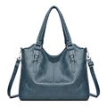Dark blue leather tote bag with vertical stitching and adjustable shoulder strap - 9001 Blue