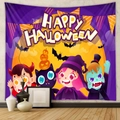 Detail of Halloween tapestry with cartoon witch, black cat and Happy Halloween text - Purple Party Cartoon (GT230281)