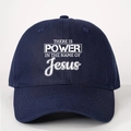 Dark blue adjustable baseball cap with white Power in the Name of Jesus print on front - One Size / Navy Blue