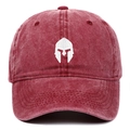 Close-up of white spartan helmet embroidery on washed burgundy cotton baseball cap - One Size / Burgundy