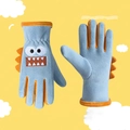 Blue and orange waterproof winter ski gloves for children featuring a cute monster pattern - Cartoon Monster Blue