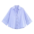Blue and white vertical striped poplin shirt with wide short sleeves in a flat lay view - Blue Striped
