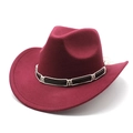 Detailed view of wine red felt cowboy hat featuring a black leather band and woven rope - M (56-58cm) / Burgundy