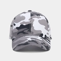 Detailed close-up of six-panel camouflage baseball cap with curved brim and vent holes - Adjustable / Grey Camouflage