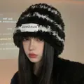Thick black and white striped plush bucket hat with warm faux fur texture for women - Striped Black