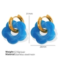 Blue resin camellia flower earrings with gold stainless steel hoop 31mm size - Cobalt Blue