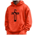 Men's bright orange fleece hoodie featuring black Jesus cross graphic and front pocket - S / Tops / Orange (Jesus)