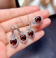 Deep red heart-shaped jewelry set with silver finish necklace, ring and earrings - Red Diamond Earrings Tz-36