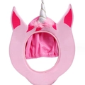 Pink unicorn plush costume hat with silver metallic horn and soft feather decor - Unicorn