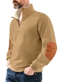 Khaki quarter-zip sweatshirt with white fleece collar and brown elbow patches - Khaki