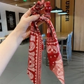 Dettaglio dell'elastico rosso con stampa paisley e nastro lungo in mano - Rosso (Paisley)